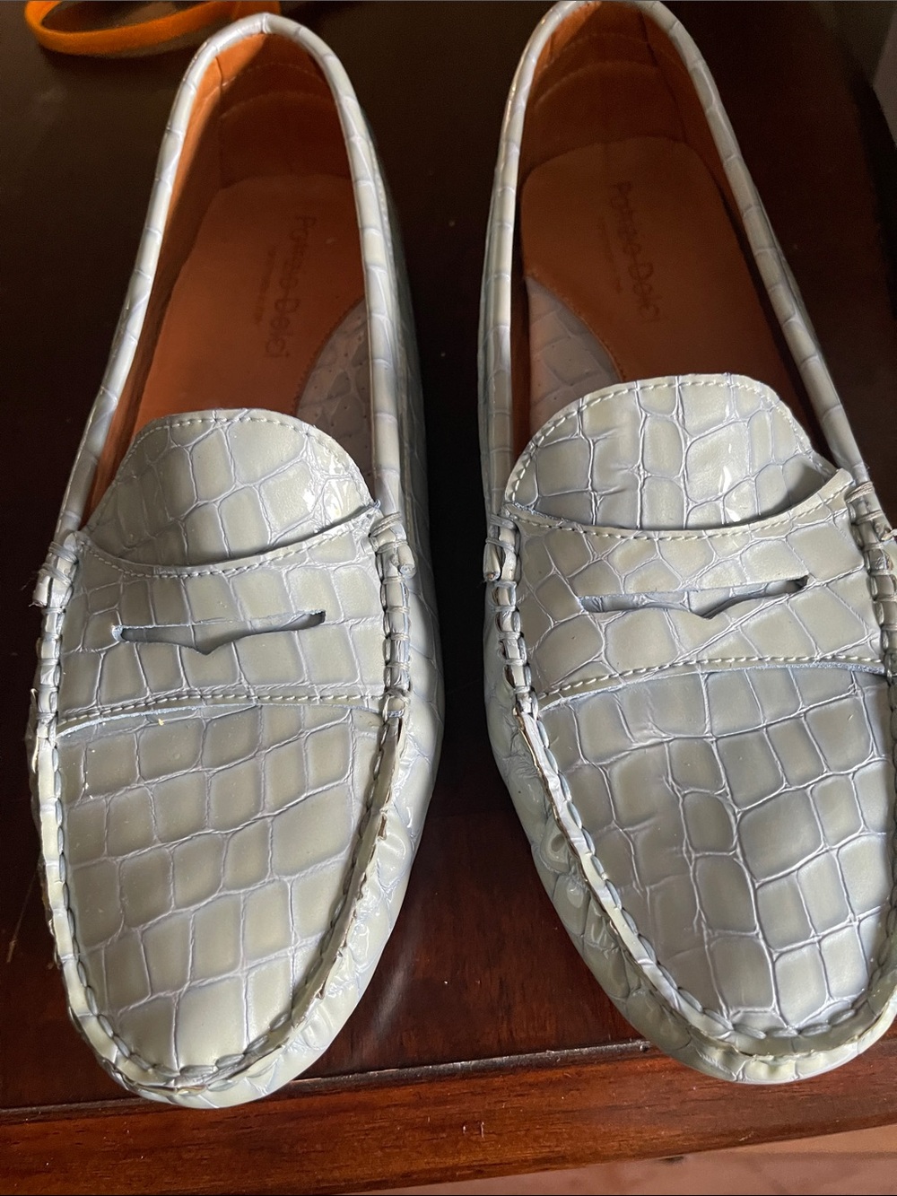 Croc-Embossed Light Blue Penny Loafers for Women